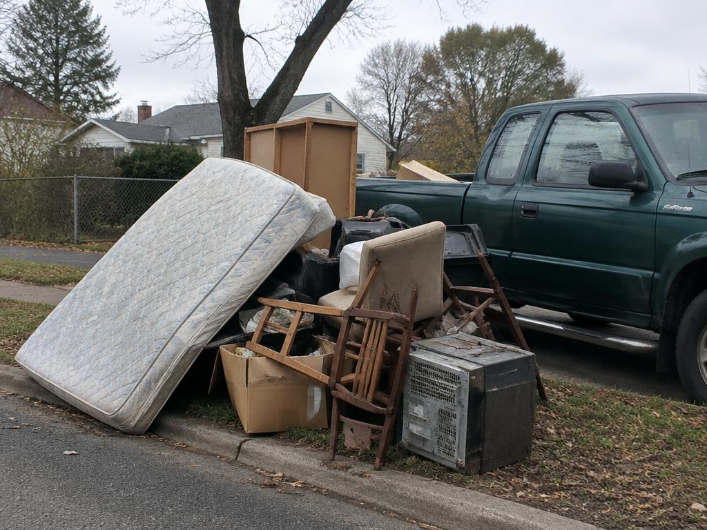 Sample photo of a curbside pile of mattress, chairs, and boxes